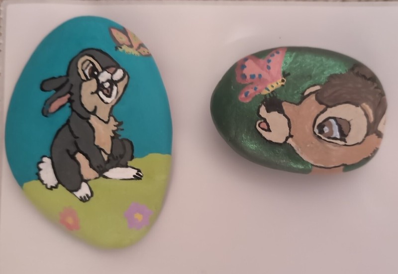 Handpainted River Rock, Bambi And Thumper Enjoying Butterflies