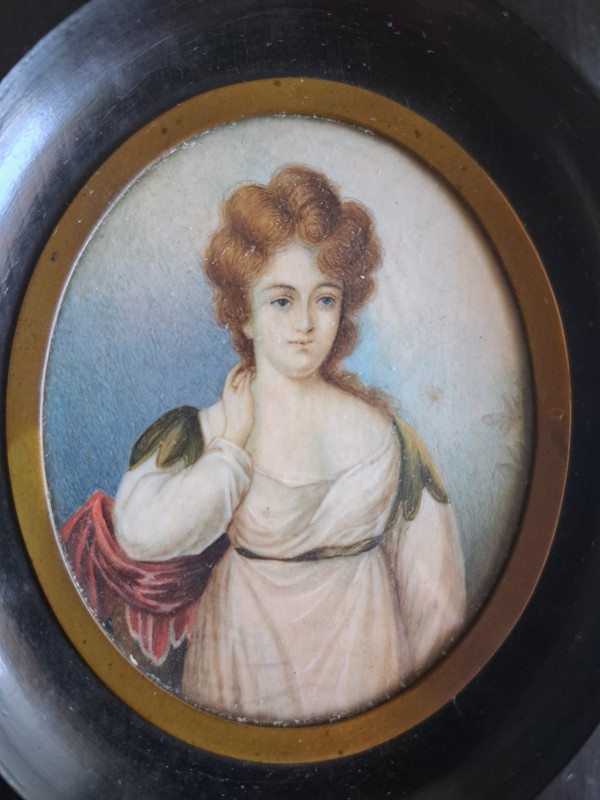 Miniature Portrait Painting English or French woman in neoclassic dress 19th c gallery