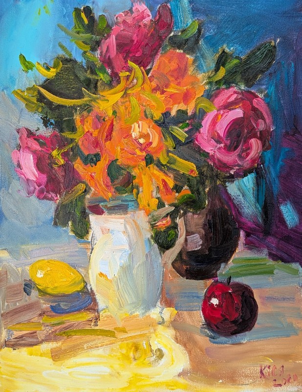 art 779 original oil painting canvas 18×14 in Still Life Art Rozes Decor