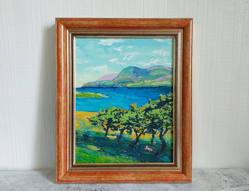 Original Seascape Art Framed 8×10 Olive Tree Mediterranean Coastal Landscape
