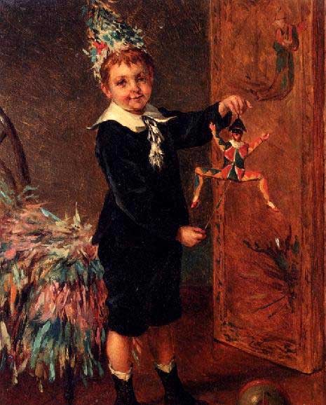 No framed Oil painting The Young Entertainer – little boy playing Puppet canvas