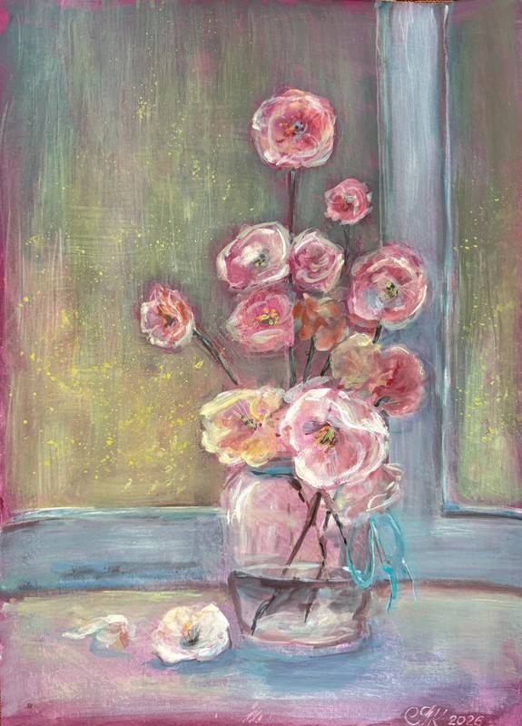 art 670 original painting acrylic paper 16х11.4 in (41x29cm) Flowers Decorative