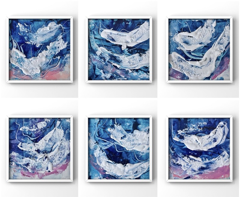 Cape Cod Bay Abstract Blue Seascape Painting Set of 6 New England Coastal Decor