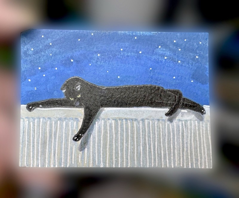ACEO Original Painting - Beneath The Stars - Mixed Media, Cat Art gallery