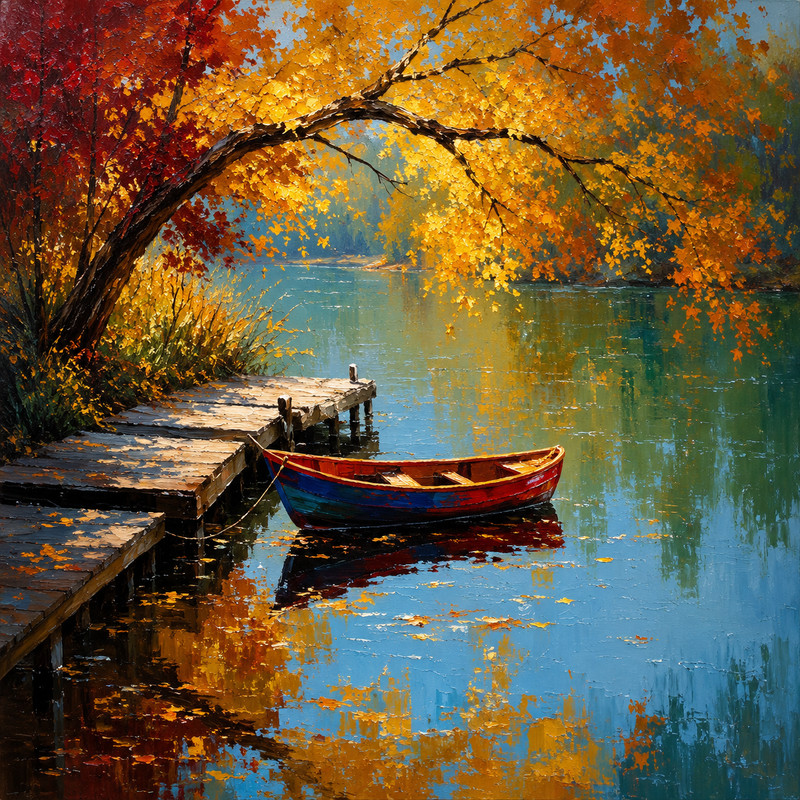 Original Hand Painted Autumn Lake Boat Landscape Acrylic Painting 20×20