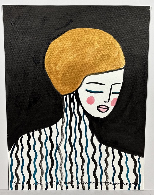 Original MARGO IN MARGATE Acrylic & Ink Painting SIGNED «Girl in Gold Hat»