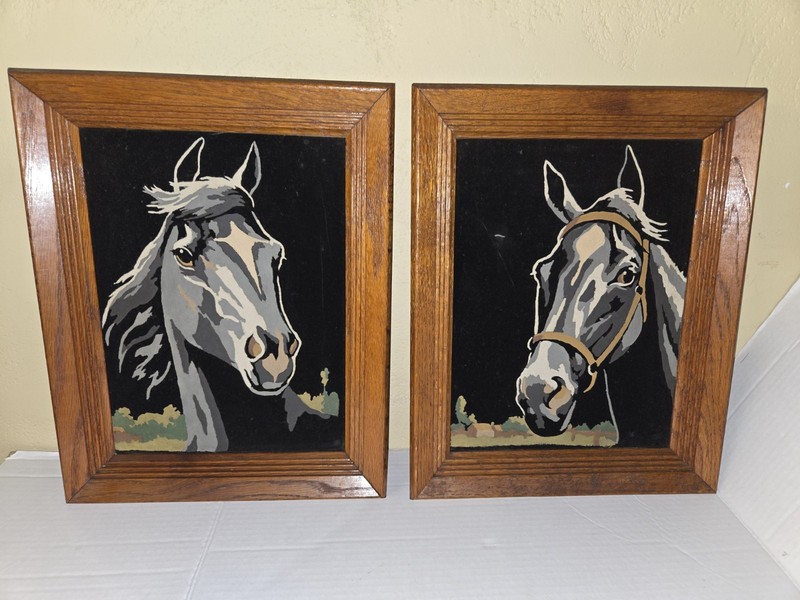 Vintage Horses Painting, Acrylic On Black Velvet, Wood Frame, 12×15”