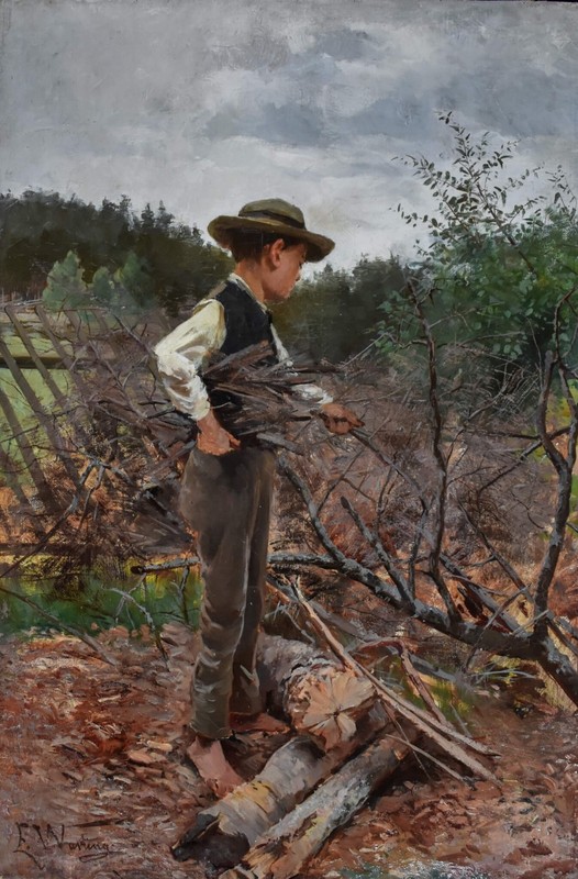 1890 Swedish Boy Gathering Branches Oil Painting Signed Elisabeth Warling
