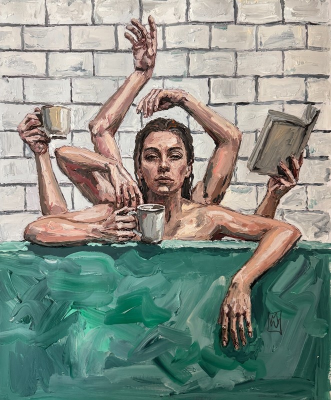 ORIGINAL Impasto Portrait Woman in Bathtub Painting Figure Art