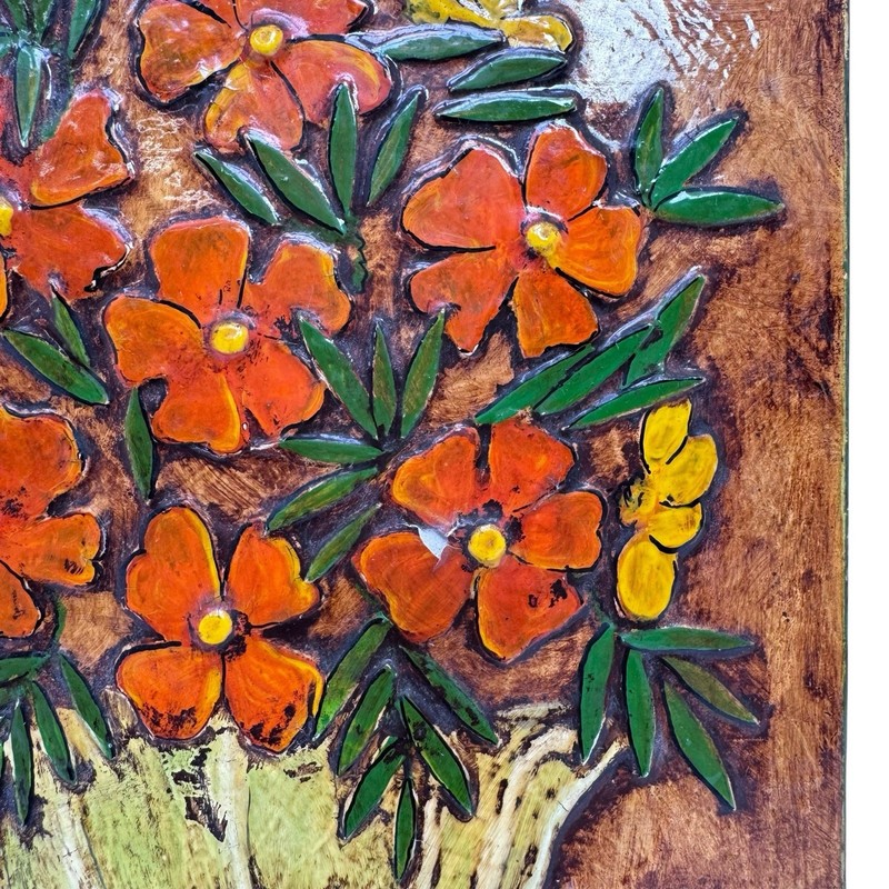 Vintage 1980s Still Life Dimensional Relief Floral Wall Art Painting on Plywood gallery
