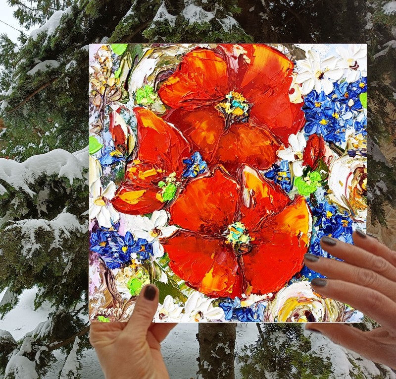 Poppies Painting Original Art Flower Office Painting Impasto 10х10 in gallery