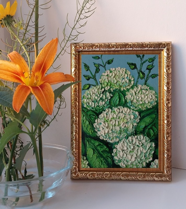 Framed White Hydrangea Flower Garden Flowers 4x6” Impasto Oil Painting Original gallery