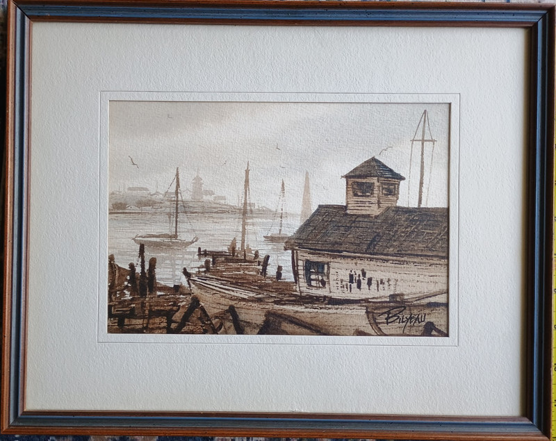 Original Wally Bilyeau Watercolor Harbor Scene Framed Signed Vintage Waterfront