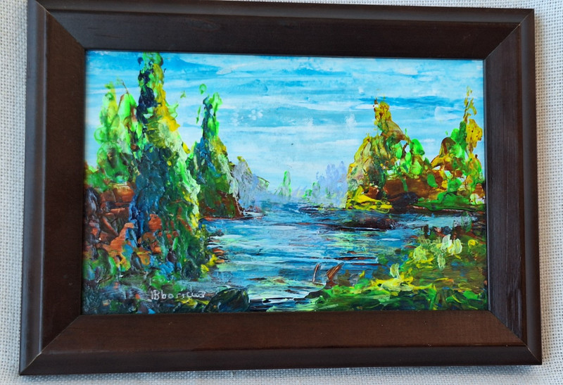 Painting Landscape Original Acrylic Wood Frame Wall Art 5×7 inch Signed