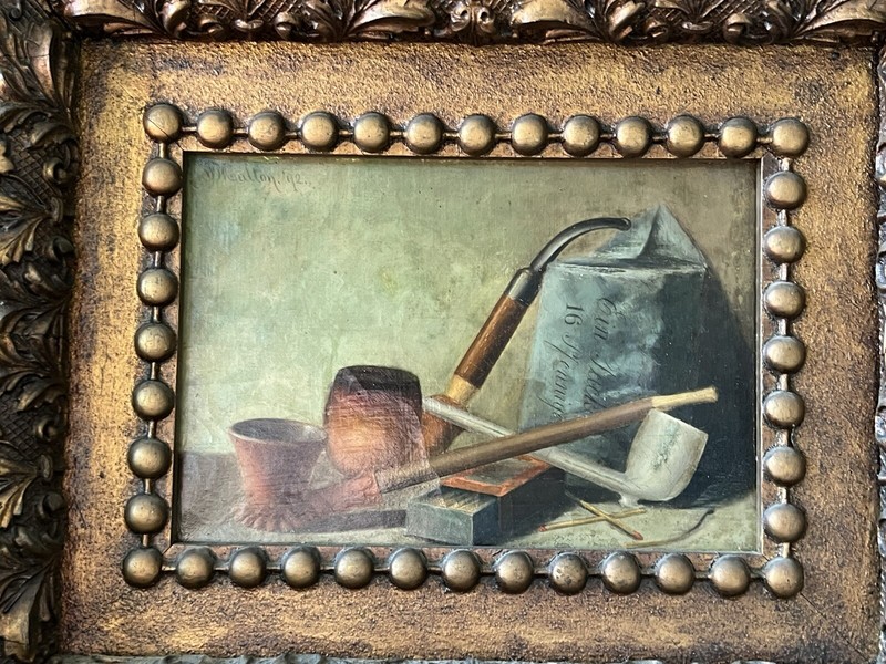 Frank Moulton 1892 Tabletop Trompe L'oeil Still Life Pipes and Matches Painting gallery