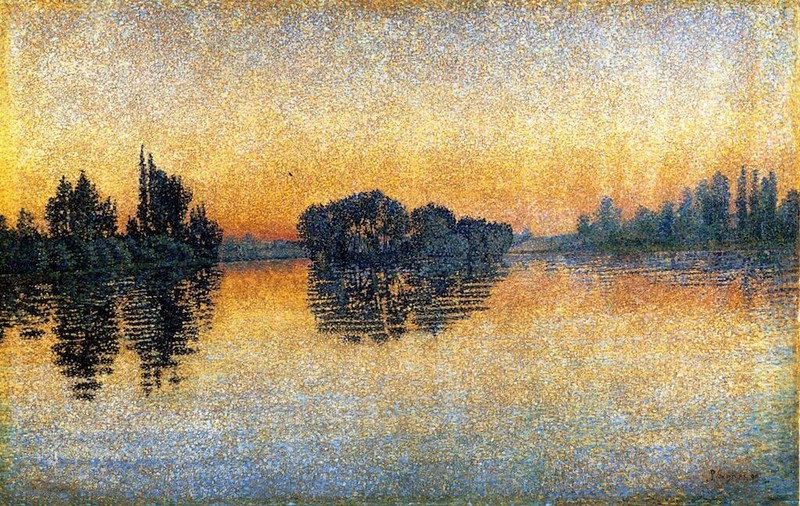 Wonderful Oil painting Paul-Signac-Sunset-Herblay landscape by river handmade