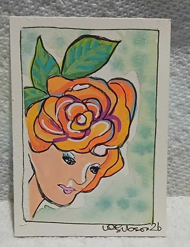 OOAK Naïve Outsider Art ACEO – Whimsical Flower‑Head Figure in Bright Watercolor
