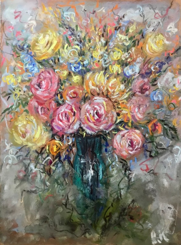 Bloomlight Symphony – Soft Pastel Bouquet Painting, Expressive Floral Art, Colou