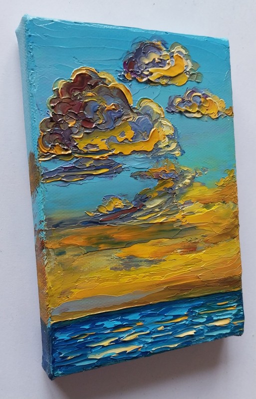 Mini Canvas Seascape Sunset Golden Clouds Over Sea 4x6" Original Oil Painting gallery