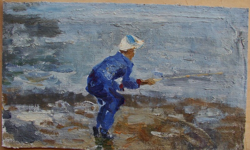 Ukrainian Soviet USSR Oil Painting impressionism little fisherman boy river