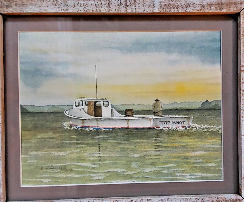 Elizabeth Scruggs Top Knot Fishing Boat Watercolor Matted Wooden Framed 13x11 gallery