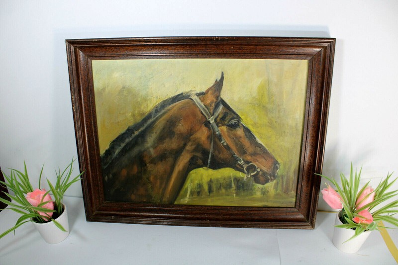 Vintage oil panel painting horse portrait signed equestrian gallery