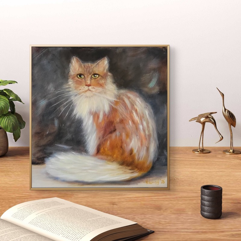 Painting oil canvas, cat, 40x40cm, hand painted, signed, NO FRAME gallery