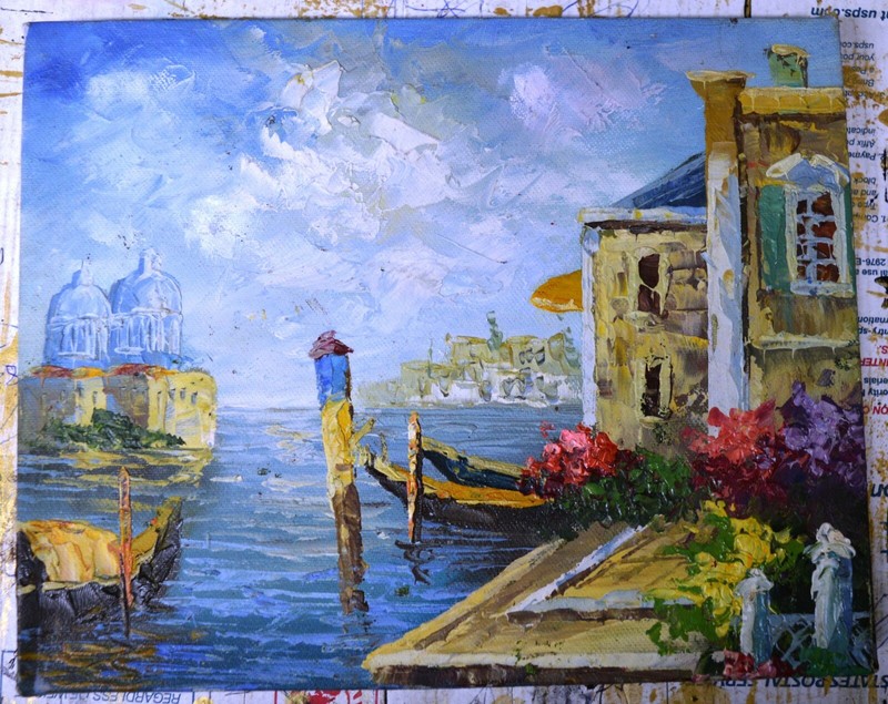 OIL PAINTING SHIP VILLA EUROPE HARBOR VIEW 10″ HAND PAINTED DECOR ART GIFT 1013