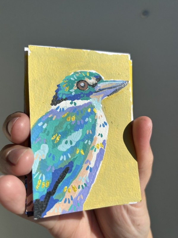 Abstract Collared Kingfisher ACEO ATC Original Acrylic Marker 2.5x3.5in gallery
