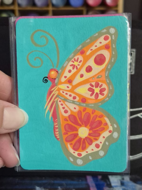 ACEO Original Painting Folkart Butterfly By LSArtz Acrylic Markers on paper