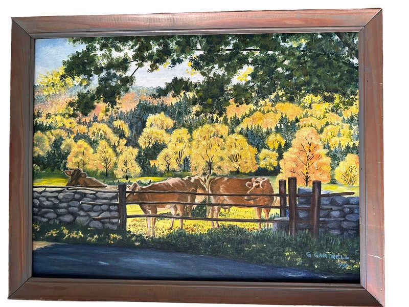 1979 Texas Farm Painting Autumn Landscape with Cows by G. Gartrell – Framed gallery