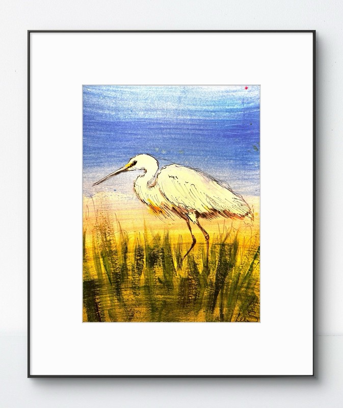 Original Abstract Expressionism 9X12 Paper Modern Egret Handmade Signed Art 12