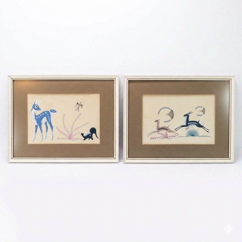 Rare Pair John Martinez San Ildefonso Pueblo Original Painting 1950 Maria Son