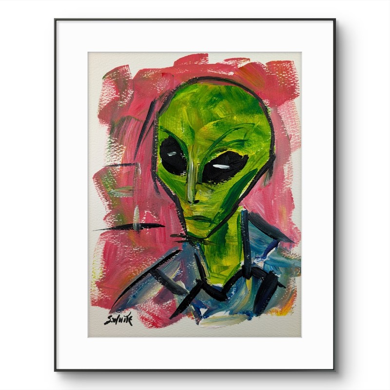 Green Alien Portrait Original Painting 9×12 Paper Art Pink Green Blue SWhite