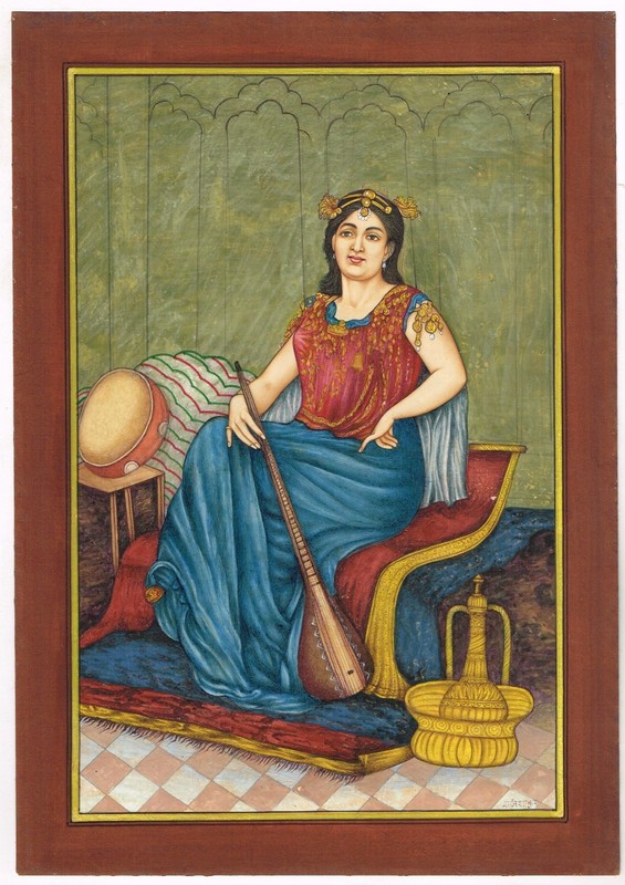 Handmade Persian Miniature Painting Of Woman in Balcony, Gouache & Gold9.5x13.5"
