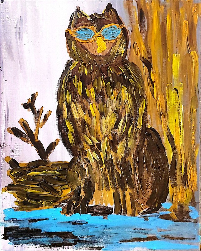 Horn Rimmed Owl Painting Whimsical Wise Owl with Glasses 11x14 Original Art gallery