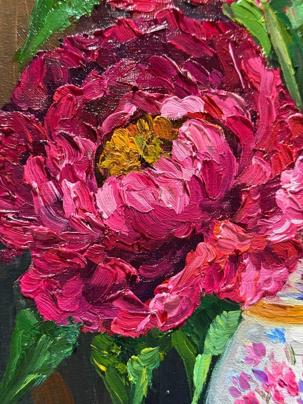 Original Oil Painting Pink Peonies Flowers Still life Vintage Vase Art 12x16 in gallery