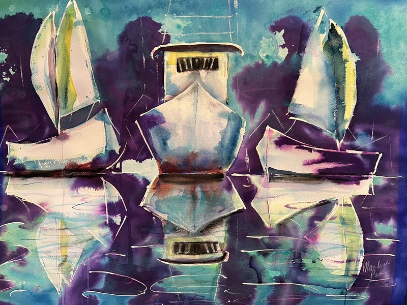 Orig Watercolor Painting Sailboats Powerboats in Harbor 22x30 Unframed Lg Nice gallery