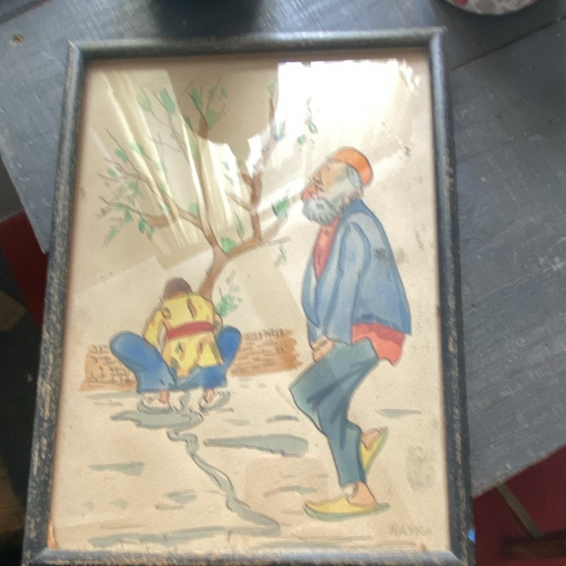 SALVIO Original Framed Folk Art Watercolor Painting Signed, Figures & Tree