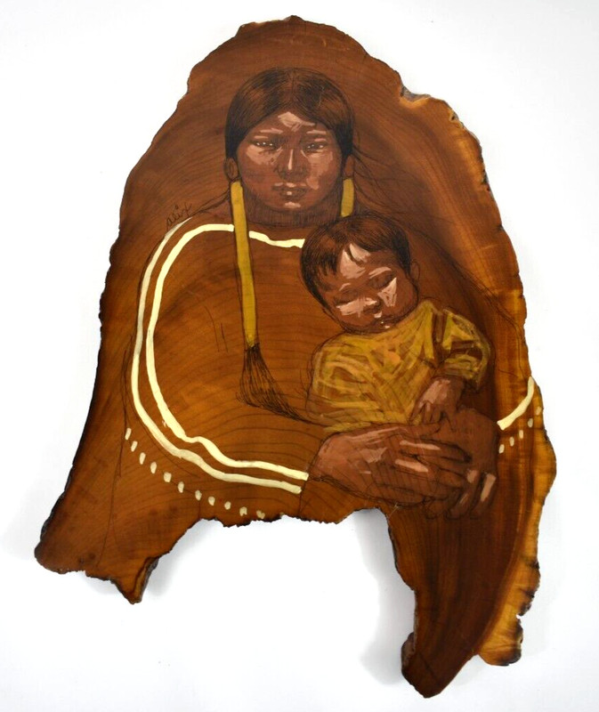 Alix Mosieur Native American Indian Mother Child Hand Painted Art Wood Plaque