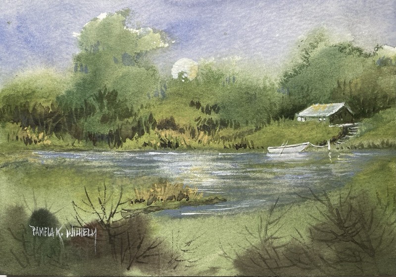 Pamela Wilhelm original 5”x7” Cabin On River Pond Rowboat Moon Summer