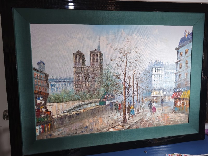 Large Caroline Burnett Paris Notre Dame Cathedral Street Scene Oil Painting
