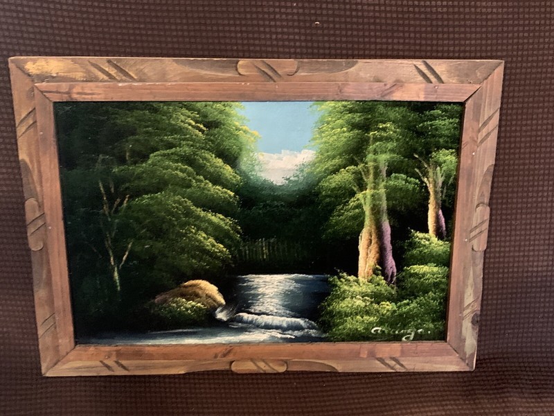 Vintage Signed Velvet Painting River Forest Landscape Wood Frame  21”x15”