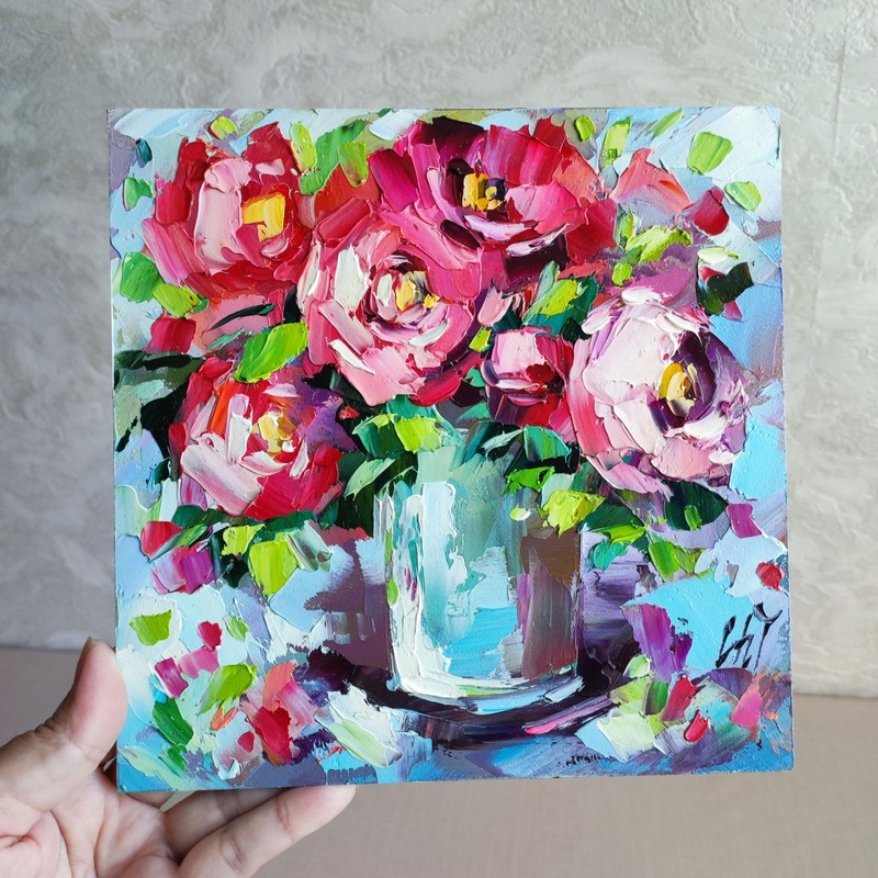 original oil painting Rose Peony Red Flowers Vase Floral Still life art 8*8 in gallery