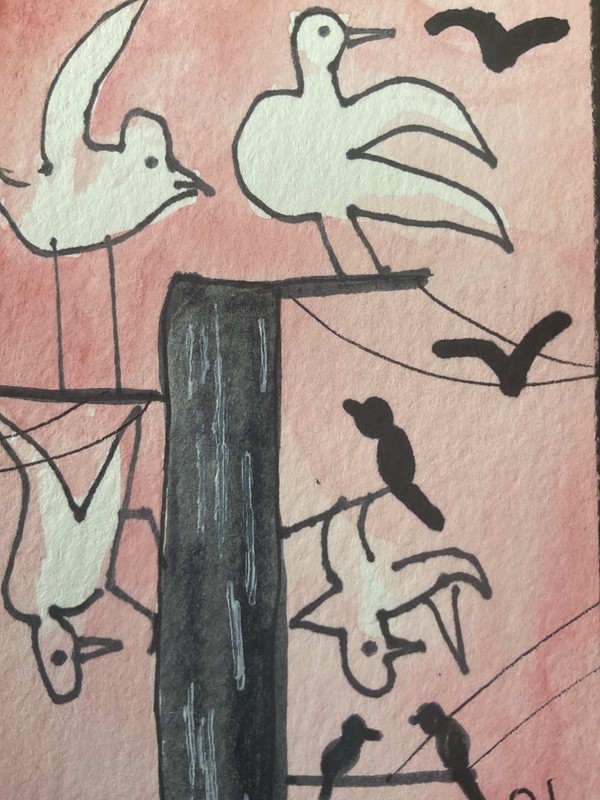 ACEO watercolor art by PJ, art card 2.5 x 3.5: birds on a wire.