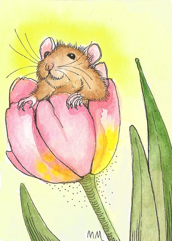 ACEO Limited Edition – Harvest Mouse and Tulip print of Original Pen & Ink