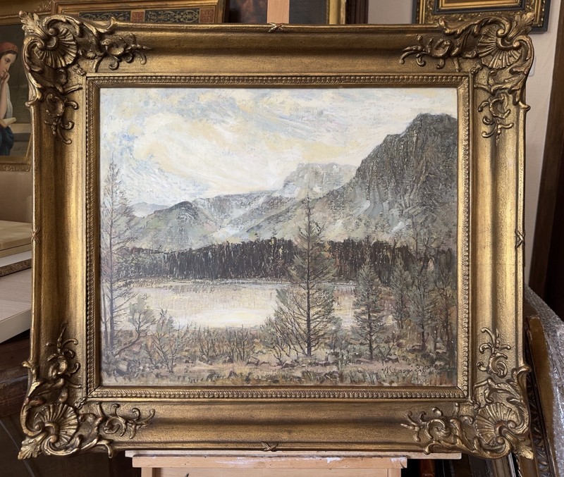 Oil Painting Signed Klaassen 1946 – Lake Gosausee Mountain Landscape – 60x50cm – Framed
