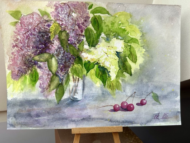 Summer Still Life Lilac and cherry Flowers in a vase still life Watercolor gallery