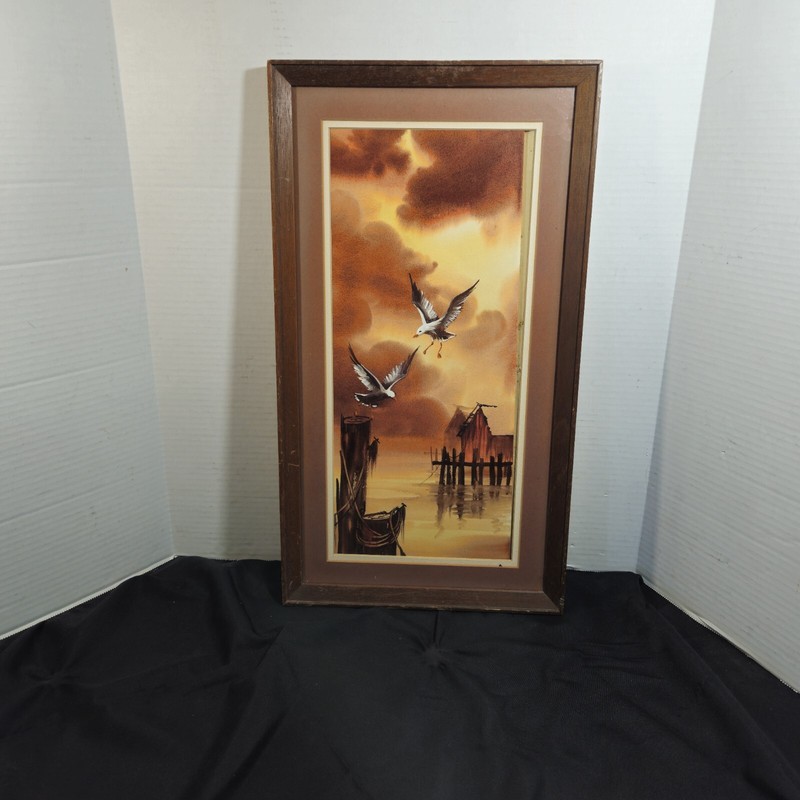 Ruby Agnew Vintage Watercolor Painting Seagulls At The Dock Framed Painting