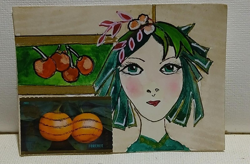 Postal Whimsy OOAK ACEO Lunar Rabbit Geisha Art Tangerine Gold Rabbit Miniature